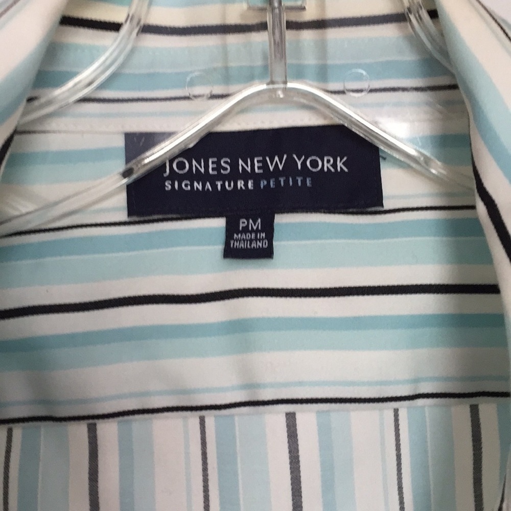 Jones New York Shirt Women Size MP Aqua White Tan Stripes Fitted Career Preppy